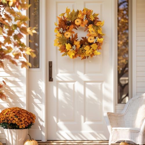 Fall Wreaths for Front Door Outside Autumn Wreath with Lights Berries Pine Cones Fall Decorations for Home Decor, alternate