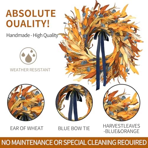 Fall Wreaths for Front Door Outside with Blue Bow, 24 Inch, alternate view 2