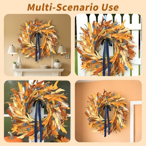 Fall Wreaths for Front Door Outside with Blue Bow, 24 Inch, alternate view 4