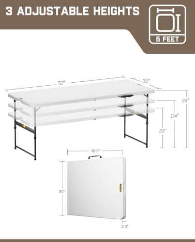 FanttikOutdoor Folding Table Plastic 6ft Quick Adjust 3-Height Picnic Party, alternate view 2