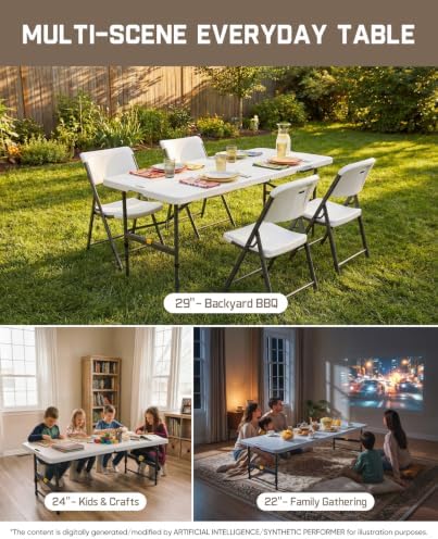 FanttikOutdoor Folding Table Plastic 6ft Quick Adjust 3-Height Picnic Party, alternate view 4