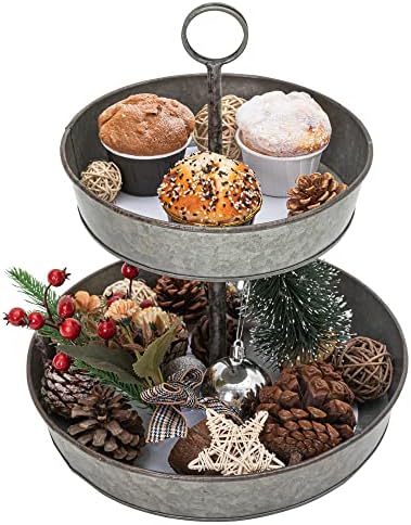 Farmhouse 2 Tiered Galvanized Serving Tray Stand with Carry Handle in Coffee