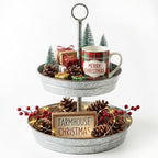 Farmhouse 2 Tiered Galvanized Serving Tray Stand with Carry Handle, Rustic Metal Display Tray for Cupcake