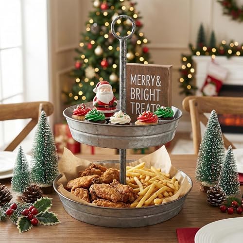 Farmhouse 2 Tiered Galvanized Serving Tray Stand with Carry Handle, Rustic Metal Display Tray for Cupcake, alternate view 2