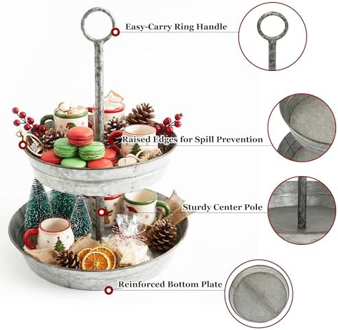 Farmhouse 2 Tiered Galvanized Serving Tray Stand with Carry Handle, Rustic Metal Display Tray for Cupcake, alternate view 4