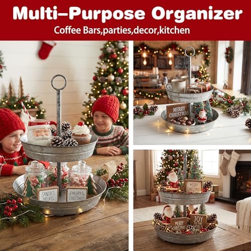 Farmhouse 2 Tiered Galvanized Serving Tray Stand with Carry Handle, Rustic Metal Display Tray for Cupcake, alternate view 5