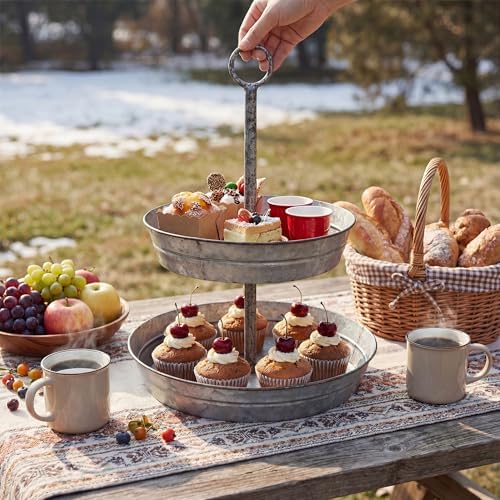 Farmhouse 2 Tiered Galvanized Serving Tray Stand with Carry Handle, Rustic Metal Display Tray for Cupcake, alternate view 6