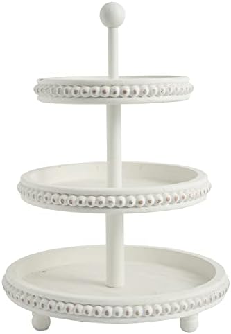 Farmhouse 3 Tier Tray, White Three Tiered Tray Wood Stand with Shabby Chic Beaded for Home & Kitchen or Coffee