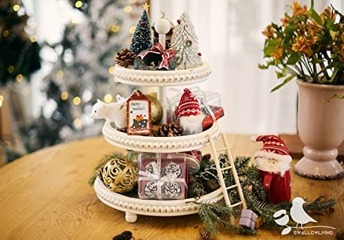 Farmhouse 3 Tier Tray, White Three Tiered Tray Wood Stand with Shabby Chic Beaded for Home & Kitchen or Coffee, alternate