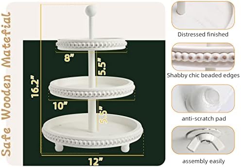 Farmhouse 3 Tier Tray, White Three Tiered Tray Wood Stand with Shabby Chic Beaded for Home & Kitchen or Coffee, alternate
