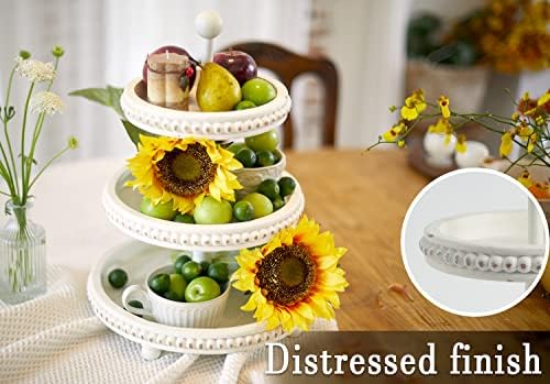 Farmhouse 3 Tier Tray, White Three Tiered Tray Wood Stand with Shabby Chic Beaded for Home & Kitchen or Coffee, alternate