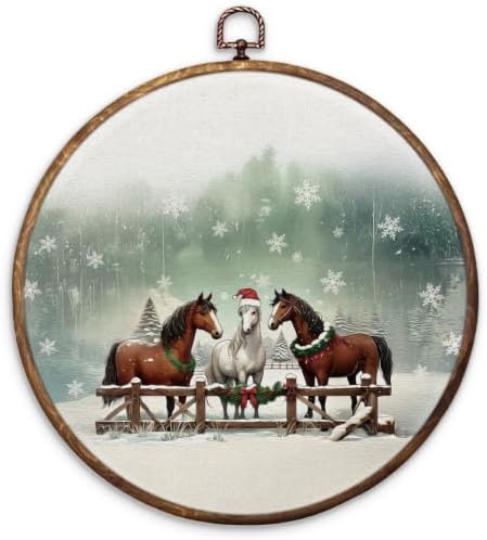 Farmhouse Christmas Horse Round Framed Wall Art 10"x10"
