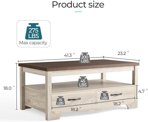 Farmhouse Coffee Table with Storage, Wood Coffee Table for Living Room, Open Display Area and Storage Drawers, alternate view
