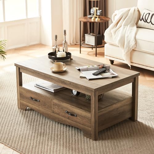 Farmhouse Coffee Table with Storage, Wood Coffee Table for Living Room, Open Display Area and Storage Drawers, alternate view