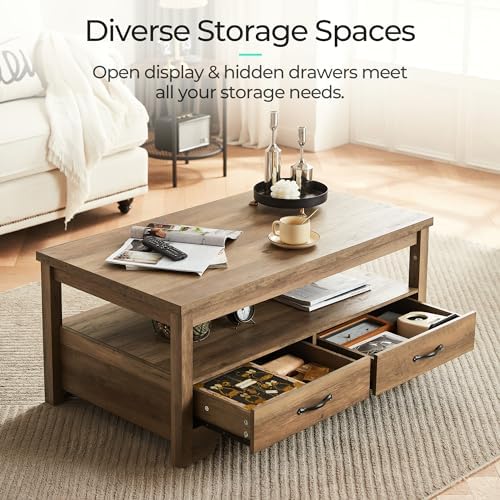 Farmhouse Coffee Table with Storage, Wood Coffee Table for Living Room, Open Display Area and Storage Drawers, alternate view