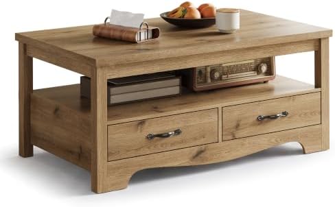 Farmhouse Coffee Table with Storage, Wood Coffee Table for Living Room, Open Display Area and Storage Drawers