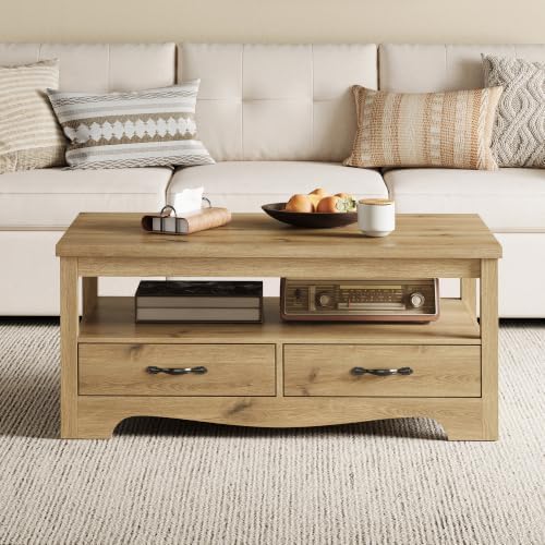Farmhouse Coffee Table with Storage, Wood Coffee Table for Living Room, Open Display Area and Storage Drawers, alternate view