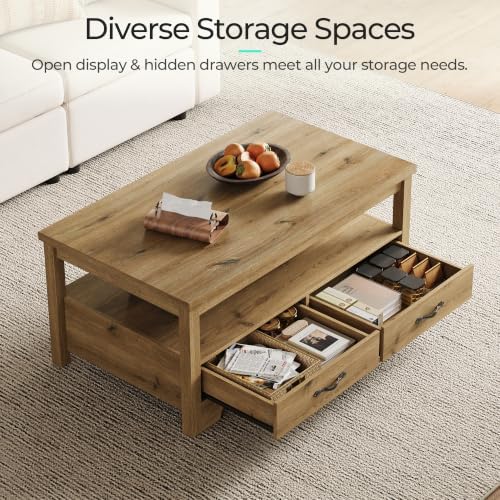 Farmhouse Coffee Table with Storage, Wood Coffee Table for Living Room, Open Display Area and Storage Drawers, alternate view