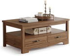 Farmhouse Coffee Table with Storage, Wood Coffee Table for Living Room, Open Display Area and Storage Drawers