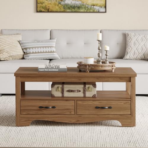 Farmhouse Coffee Table with Storage, Wood Coffee Table for Living Room, Open Display Area and Storage Drawers, alternate view