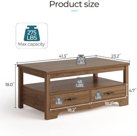 Farmhouse Coffee Table with Storage, Wood Coffee Table for Living Room, Open Display Area and Storage Drawers, alternate view