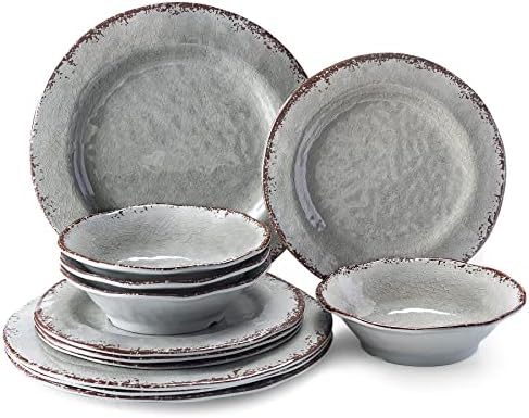 Farmhouse Melamine Dishes Dinnerware Set, Kitchen Dining Set for 4 in Warm Gray
