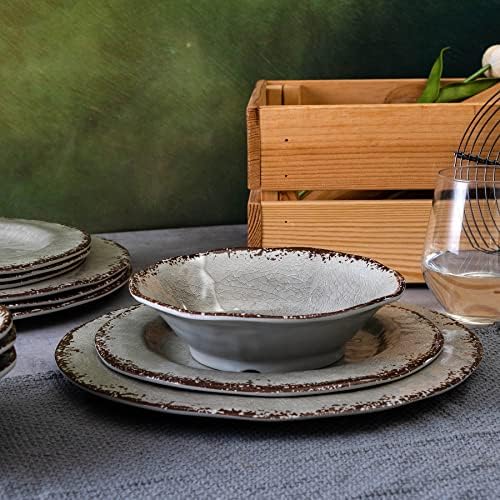 Farmhouse Melamine Dishes Dinnerware Set, Kitchen Dining Set for 4 in Warm Gray, alternate view 2