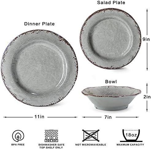Farmhouse Melamine Dishes Dinnerware Set, Kitchen Dining Set for 4 in Warm Gray, alternate view 3