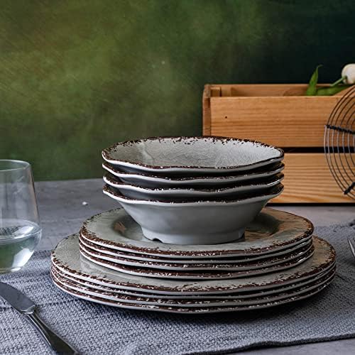 Farmhouse Melamine Dishes Dinnerware Set, Kitchen Dining Set for 4 in Warm Gray, alternate view 6