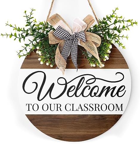 Farmhouse Welcome Sign Door Hanger Round Rustic Wooden Plaque Decoration for School Classroom Board