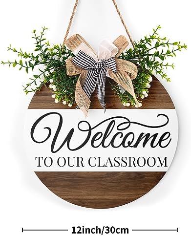 Farmhouse Welcome Sign Door Hanger Round Rustic Wooden Plaque Decoration for School Classroom Board, alternate view 2