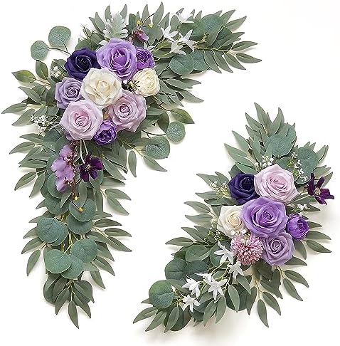 Faux Flower Swag Set of 2 for Wedding Welcome Signs Floral Decorations, Purple Wedding Arch Flowers for Wedding