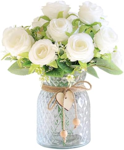 Faux Flowers in Vase, 18 Pcs Fake Rose Flowers, Artificial Flowers for Home Decor, Indoor Centerpiece for Living