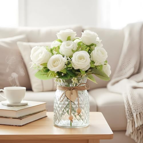 Faux Flowers in Vase, 18 Pcs Fake Rose Flowers, Artificial Flowers for Home Decor, Indoor Centerpiece for Living, alternate