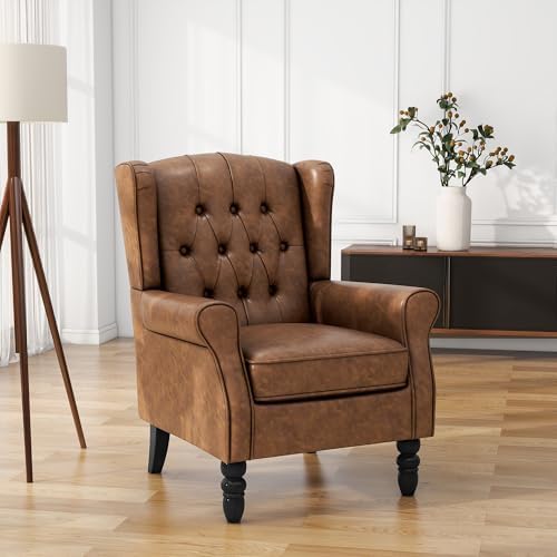 Faux Leather Wingback Accent Chair, High Back Armchair, Brown in Brown
