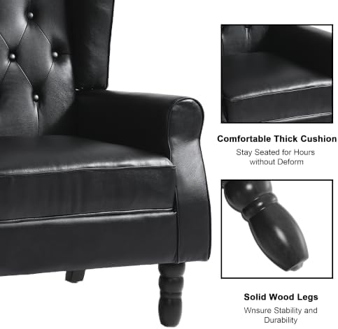 Faux Leather Wingback Accent Chair, Tufted High Back Armchair, Black in Black, alternate view 4