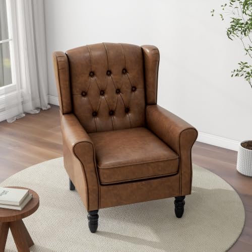 Faux Leather Wingback Accent Chair, Tufted High Back Armchair, Brown in Brown, alternate view 6