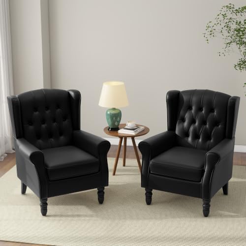 Faux Leather Wingback Accent Chairs, Tufted High Back Armchair, Black in Black