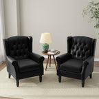 Faux Leather Wingback Accent Chairs, Tufted High Back Armchair, Black in Black