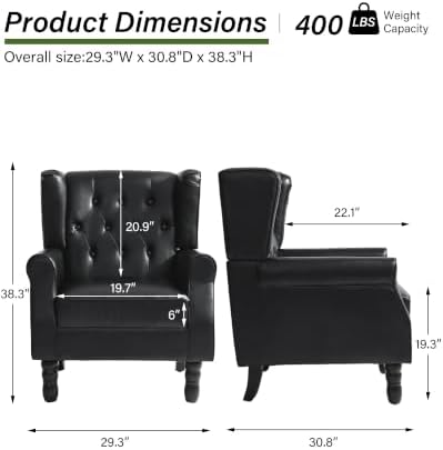 Faux Leather Wingback Accent Chairs, Tufted High Back Armchair, Black in Black, alternate view 2