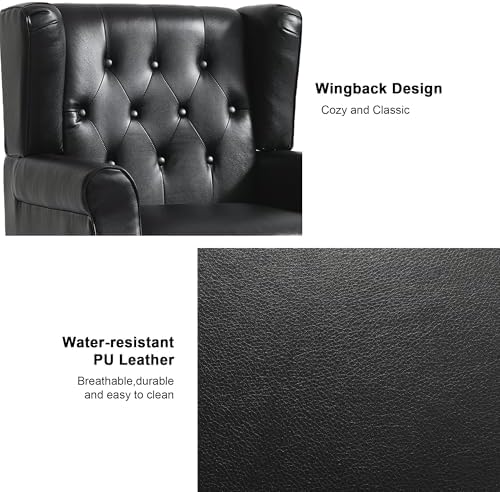 Faux Leather Wingback Accent Chairs, Tufted High Back Armchair, Black in Black, alternate view 3