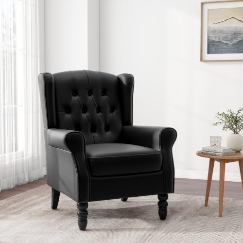 Faux Leather Wingback Accent Chairs, Tufted High Back Armchair, Black in Black, alternate view 5
