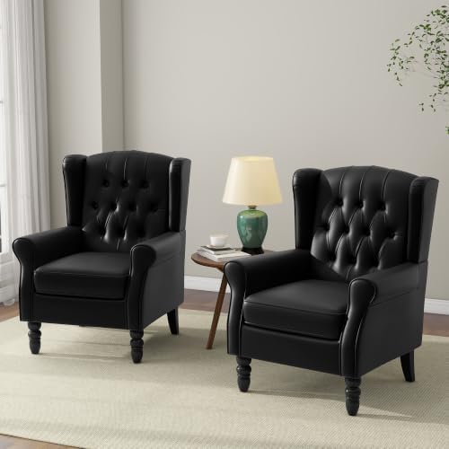 Faux Leather Wingback Accent Chairs, Tufted High Back Armchair, Black in Black, alternate view 6