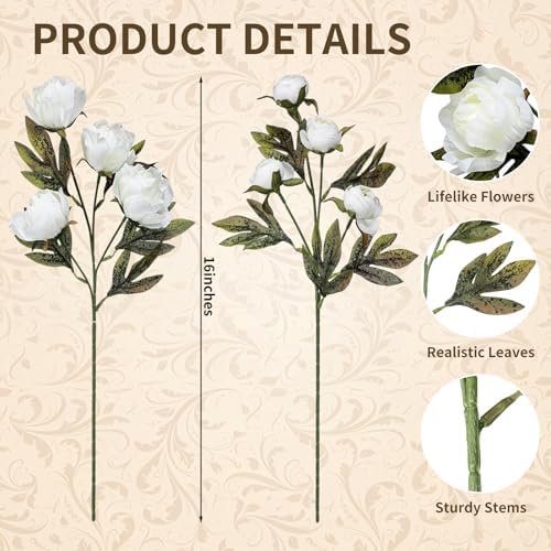 Faux Silk Peony Artificial Flowers Stem for Vase,8 Pcs, Beige in Beige, alternate view 3