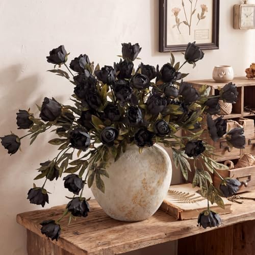 Faux Silk Peony Artificial Flowers Stem for Vase,8 Pcs, Black in Black