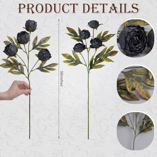 Faux Silk Peony Artificial Flowers Stem for Vase,8 Pcs, Black in Black, alternate view 4