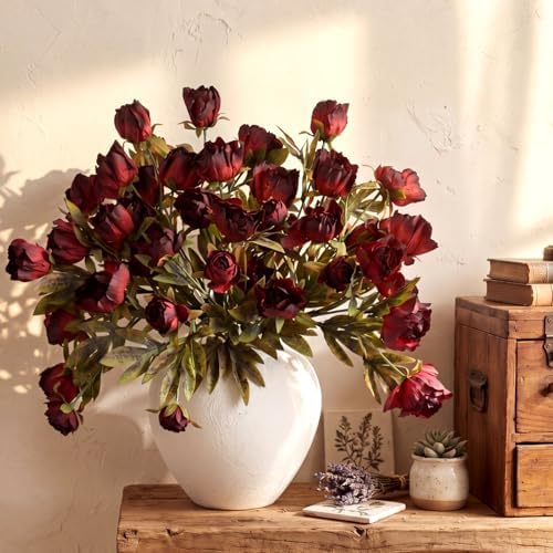 Faux Silk Peony Artificial Flowers Stem for Vase,8 Pcs, Dark in Dark