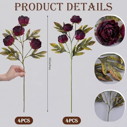 Faux Silk Peony Artificial Flowers Stem for Vase,8 Pcs, Dark in Dark, alternate view 4