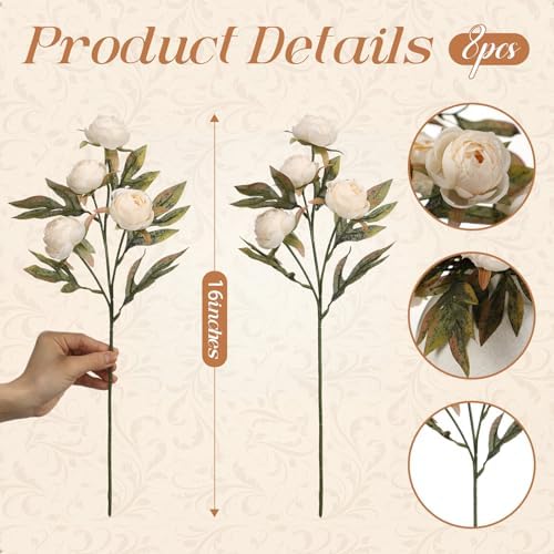 Faux Silk Peony Artificial Flowers Stem for Vase,8 Pcs, Light in Light, alternate view 3