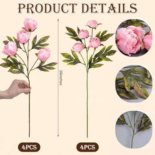 Faux Silk Peony Artificial Flowers Stem for Vase,8 Pcs, Pink in Pink, alternate view 3
